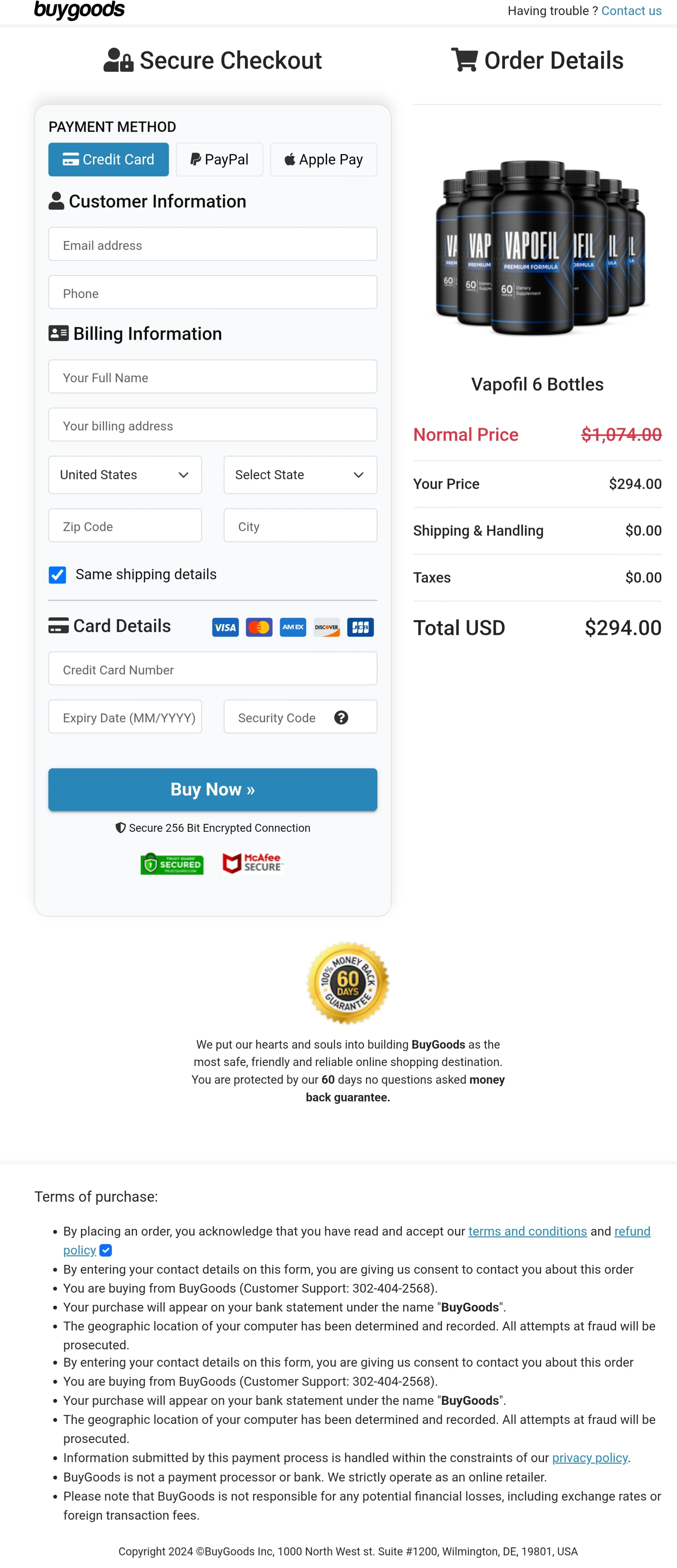 Vapofil order form